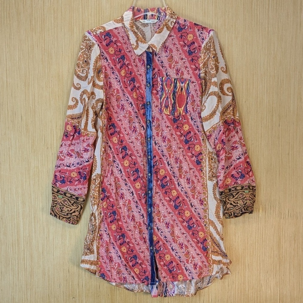 Soft Surroundings Boho Indie Retro Paisley Floral Tunic Shirt Size M Velvet Trim